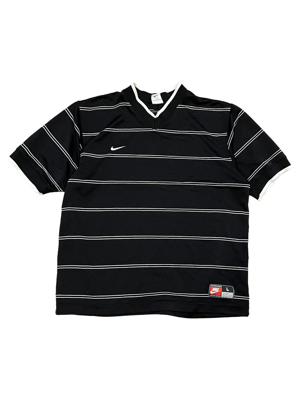 VTG 90s Nike Swoosh Black Striped Soccer Jersey V Neck Sz L Made In USA